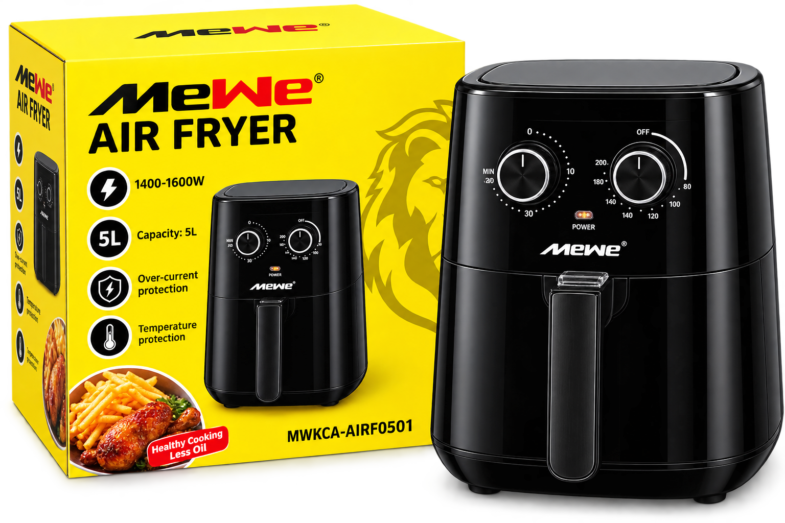 Air Fryer - Mewe - MWKCA-AIRF0601 - Capacité 6 L - Puissance Maximale 1400–1600 W - Garantie 12 Mois