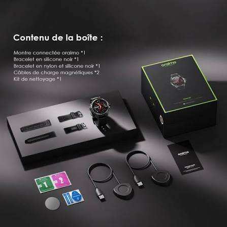 Montre connectée Oraimo  -  Watch GT  -  GPS AMOLED -  3ATM 1,43"  -  Appels Bluetooth & 25 Jours d'Autonomie  - avec deux bracelets interchangeables - Garantie 12 Mois